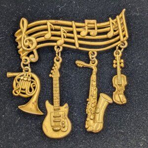 Vintage Signed JJ Goldtone Dangle Musical Instruments Pin Brooch 2"